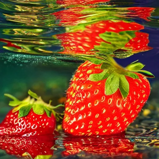 Image similar to half cut strawberry, splash underwater! award winner photoshop edit, golden ratio