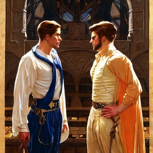 Image similar to attractive fully clothed king confesses his love for his attractive fully clothed male prince. highly detailed painting by j. c. leyendecker, craig mullins, gaston bussiere, mark brooks