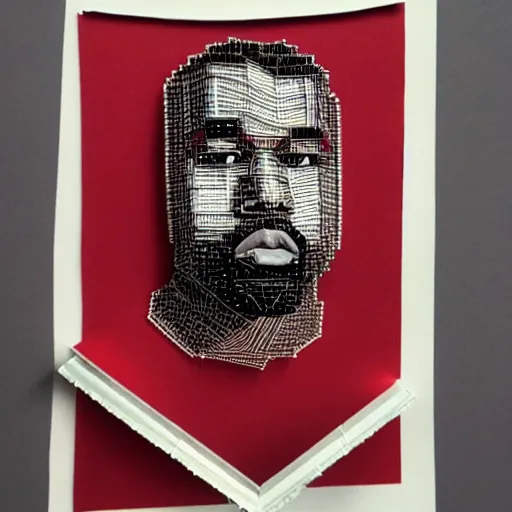 Prompt: a portrait of kanye west made out of origami and paper clips,