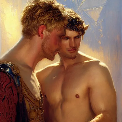 Image similar to attractive male, arthur pendragon who has blond hair confesses his love to attractive male, merlin who has dark hair. highly detailed painting by gaston bussiere, craig mullins, j. c. leyendecker 8 k