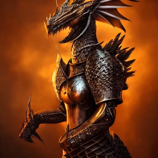 Image similar to highly detailed realistic stunning shot of a beautiful anthropomorphic female knight but as a hot dragon, doing a majestic pose, well detailed female dragon head, armor made of steel, sharp claws, HD octane render, epic cinematography, fantasy, Artstation, Deviantart, Furaffinity