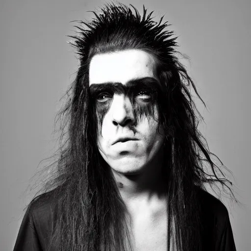 Prompt: a punk rocker with long hair and a black shirt, a portrait by alexis grimou, featured on pinterest, hypermodernism, associated press photo, gothic, angular