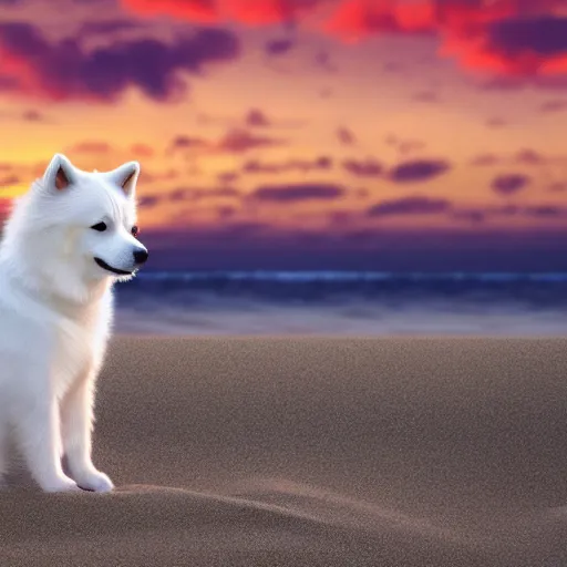 Image similar to a closeup photorealistic photograph of japanese spitz on the beach at sunset. this 4 k hd image is trending on artstation, featured on behance, well - rendered, extra crisp, features intricate detail and the style of unreal engine. golden hour