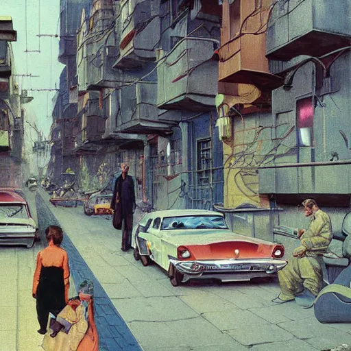 Prompt: detailed painting of a scifi street with nylon fashion and flying cars. cinematic, artstation, syd mead, beksinski, norman rockwell, egon schiele