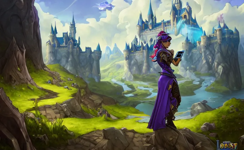 Image similar to bored woman checking her phone with amazing landscape with castle in background, fantasy, whimsical, dungeons and dragons, league of legends splash art, heroes of the storm splash art, hearthstone splash art, world of warcraft splash art, overwatch splash art, art by artgerm, art by alphonse mucha, intricately detailed, highly detailed, trending on artstation,