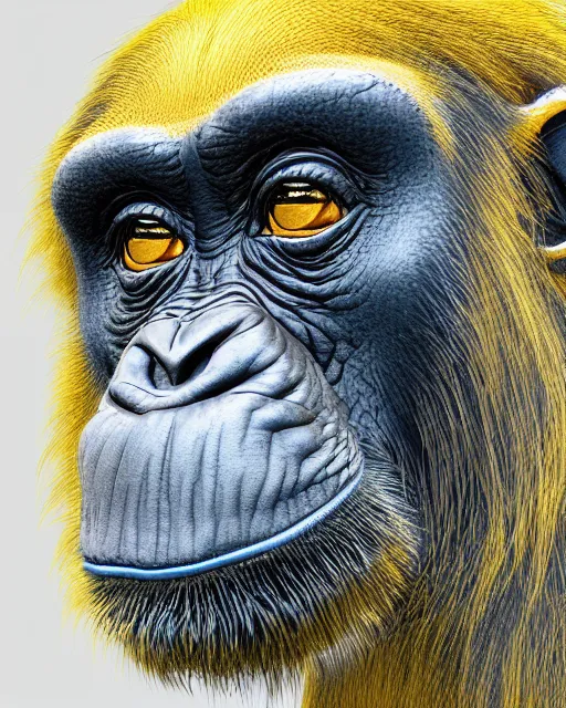 Image similar to gold, blue, very detailed illustration of a chimpanzee, 3 d, 8 k, extremely detailed, artstation