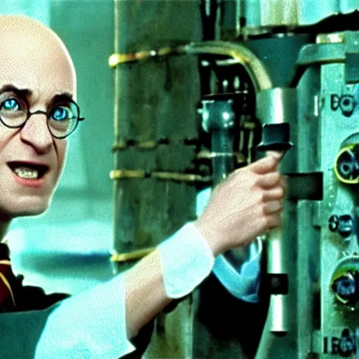 Prompt: over the shoulder film still of Harry Potter operating a nuclear reactor