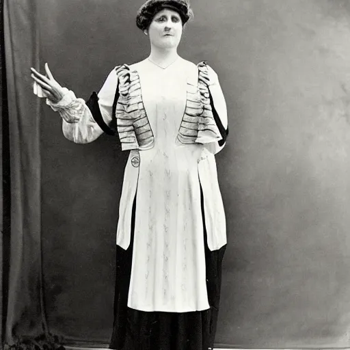 Prompt: a photograph from a museum displays a vintage 1 9 1 0 s of a woman wearing an art nouveau haute couture sailor dress suit outfit ensemble.