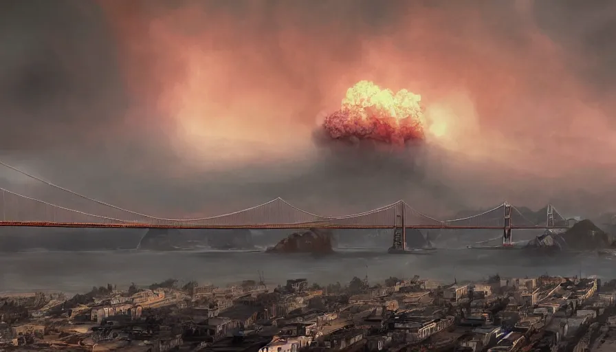 Image similar to san francisco destroyed by nuclear explosion, fire, ashes, dust, smoke, dirty ground, damaged buildings, destroyed buildings, destroyed golden bridge in the background, cloudy day, desolation, hyperdetailed, artstation, cgsociety, 8 k