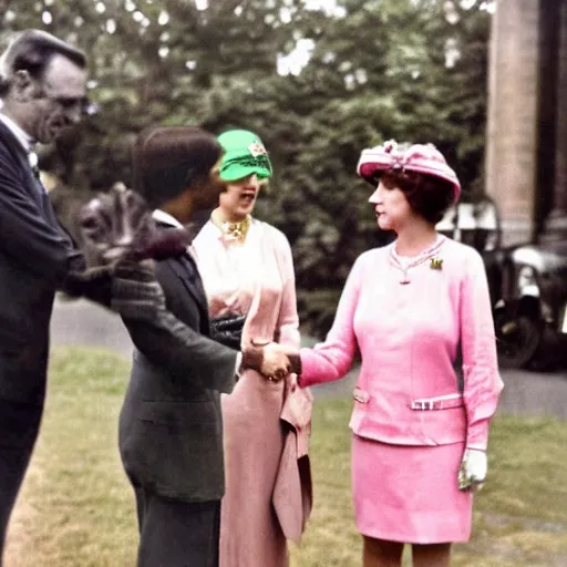 Prompt: a queen with tan skin, short, rippling dark cinnamon hair, and emerald eyes is shown meeting with the prime minister in a long, medium wide shot, german and eastern european mix kodachrome slide. in a vintage historical fantasy photograph from 1 9 3 2, she is shown donning a pink outfit and green jewels.