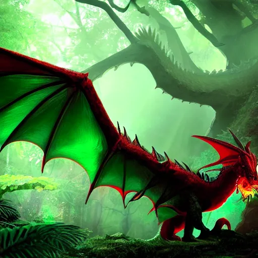 Prompt: a green and red beautiful large dragon in a rain forest, dramatic lighting, uhd 4 k, artstation