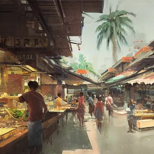 Image similar to concept art a singaporean neighborhood hawker centre, by greg rutkowski