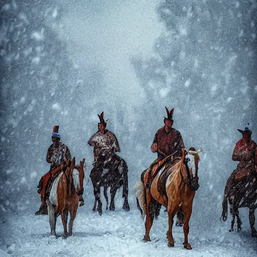 Image similar to digital art photograph savage plains indians on the warpath riding horses through a creek in a snow storm