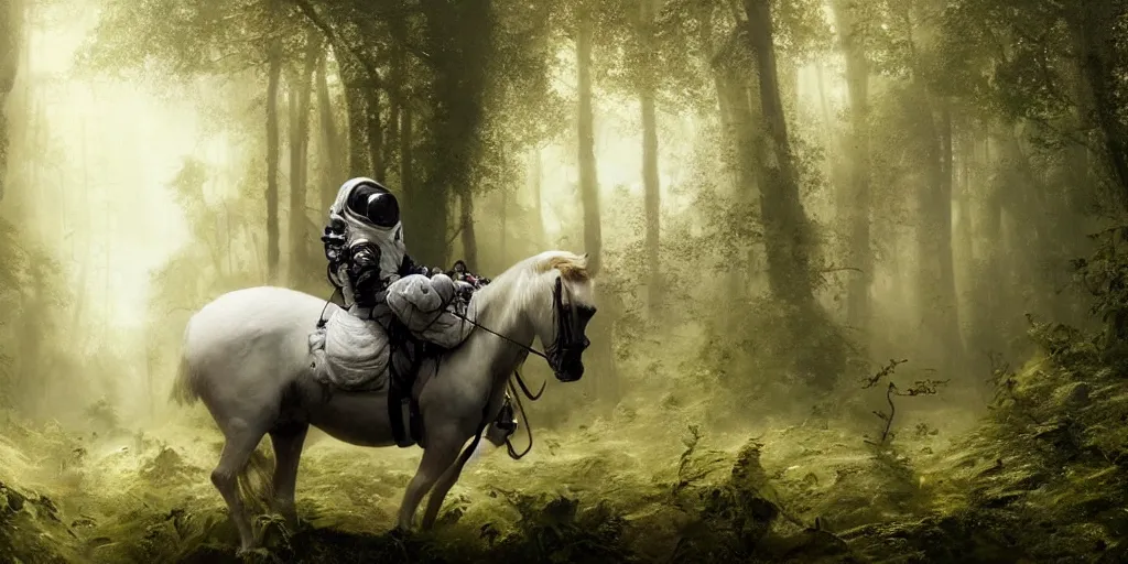 Image similar to an astronaut riding on the back of a white horse through a forest, a detailed matte painting by frieke janssens, featured on cgsociety, fantasy art, matte painting, reimagined by industrial light and magic, matte drawing