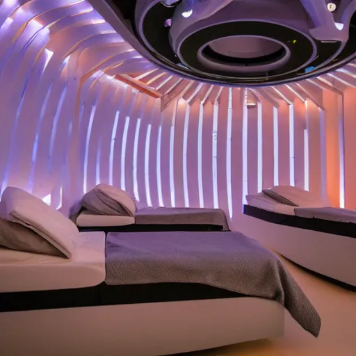 Prompt: cybernetic sleeping pods, diverse humans sleeping in healing pods, humans sleeping in healing pods, wide wide angle, vivid, elaborate, highly detailed, beautiful dim lighting