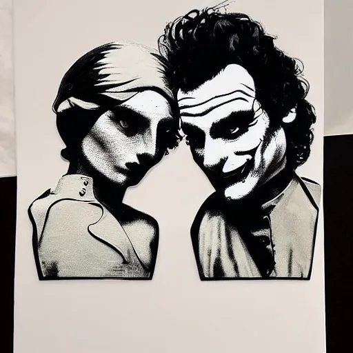 Image similar to mimmo rottela and banksy as joaquin phoenix skinny joker holding hand lady gaga harley queen, very realistic, intricate details, pop art style, concept art, confident, love, random object movement, 3 colours, arstation trending, proportional body, warm color, 4 k, ultra smooth, sharp focus