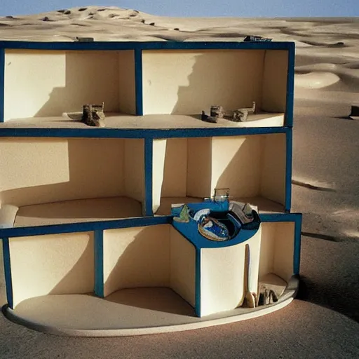 Prompt: big scale baby toy hotel in the dessert, modernism