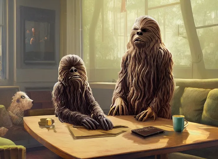 Image similar to wookiee is comfy at home trading crypto. the charts are at all time highs, gains, green charts, painting by grant wood and frank frazetta, 3 d rendering by beeple, wlop