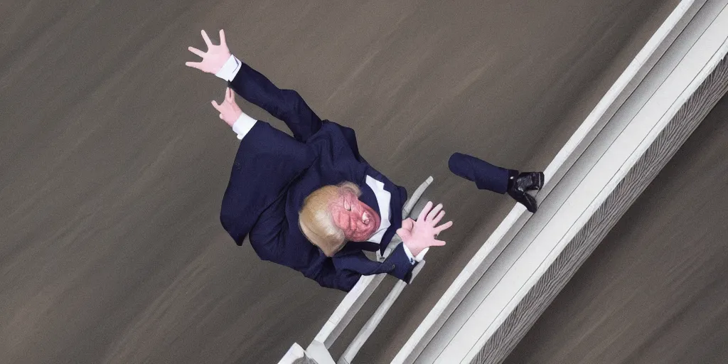 Prompt: Donald Trump falling off a bridge with a look of panic on his face, overhead view, photorealistic