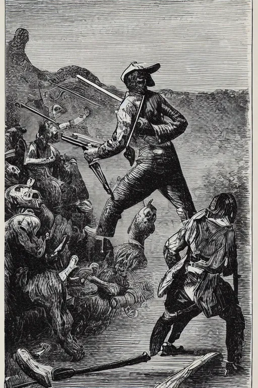 Prompt: 19th century wood-engraving of a lone British man point a musket at the back standing with his back turned to the viewer, mammoth running away in the background, whole page illustration from Jules Verne book, art by Édouard Riou Jules Férat and Henri de Montaut, high quality, beautiful, removed watermarks