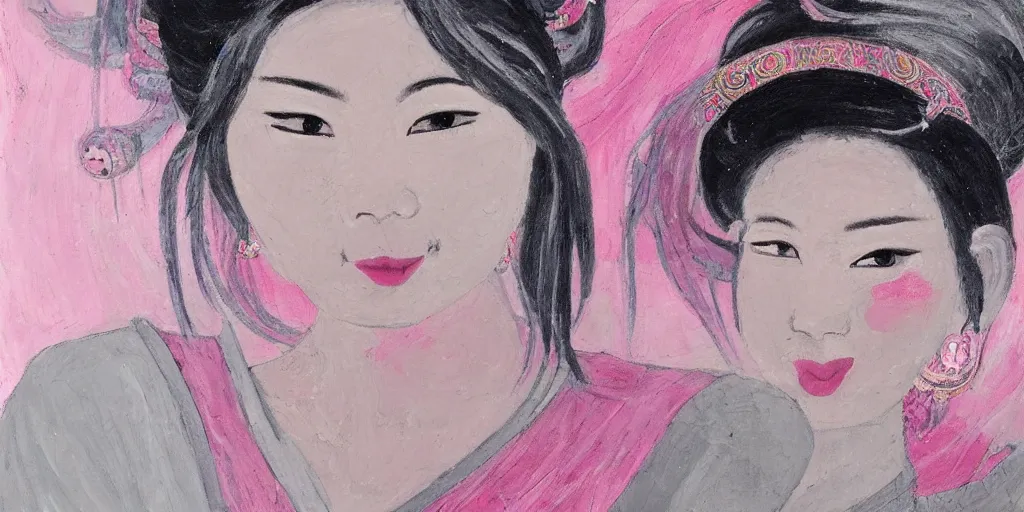 Image similar to a portrait of a very beautiful young asian goddess, seductive smile, with pink and grey hair radiating swirling paint and impasto, and intricate halo