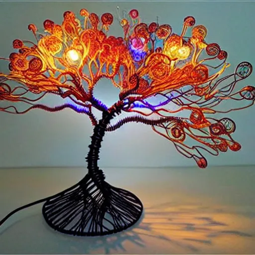 Image similar to intricate wire tree with agate accents, delicate, magnificent design, masterpiece, colorful, surreal, elaborate, dramatic lighting