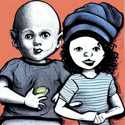 Prompt: a boy and a girl, the boy is bald with a brown baseball hat, the girl has short curly black hair, there is also a white cat, art by Carles Dalmau