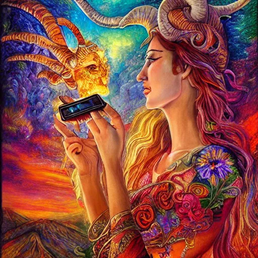 Prompt: detailed acrylic on canvas fantasy painting by josephine wall, horned ram goddess checking her cell phone, erupting volcano and sunset in distance, flowers in foreground, trending on artstation, by senior concept artist, intricately detailed, high resolution, hdr, 8 k