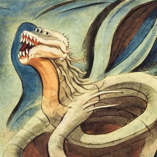 Prompt: an opera soprano singing and dragons are coming out of her mouth, william blake