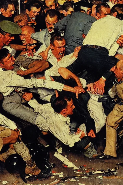 Prompt: Emmanuel Macron beating up rioters on the ground by Norman Rockwell