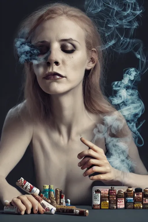 Image similar to beutifull and very tired woman. Woman is looking pile Off pills, drugs, cigarrette boxes and a skull on a wooden table, skull made out of smoke coming out of pills, fantasy, intricate, elegant, highly detailed, digital painting, artstation, concept art, addiction, chains, smooth, sharp focus, illustration, art by Ilja Repin