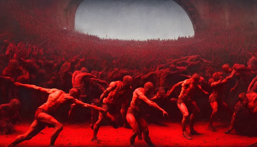 Image similar to only with red, bloody gladiator battle in a crowded roman amphitheatre, crowd cheering, in the style of beksinski and edward hopper and rodcenko and yue minjun and greg rutkowski, intricate and epic composition, red by caravaggio, highly detailed, masterpiece, red light, artstation, art nouveau