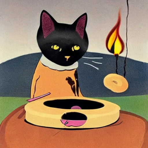 Prompt: a cat cooking a donut in a fire pit in the style of salvador dali