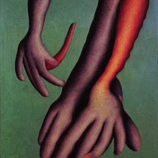 Image similar to a painting of a strange mythical beast with hands replaced by feet and the feet replaced with hands, in the style of Max Ernst