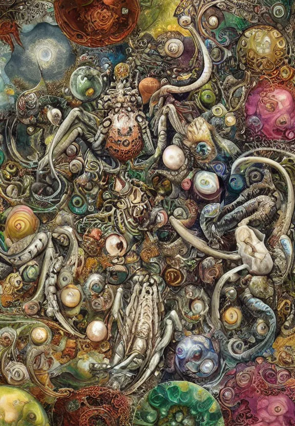 Image similar to simplicity, colorful muscular eldritch bodies and mollusks and crabs radiating around fractal, mandala white bones, colorful gems, brush pen, by h. r. giger and esao andrews and maria sibylla merian eugene delacroix, gustave dore, thomas moran, pop art, chiaroscuro, biopunk, art nouveau