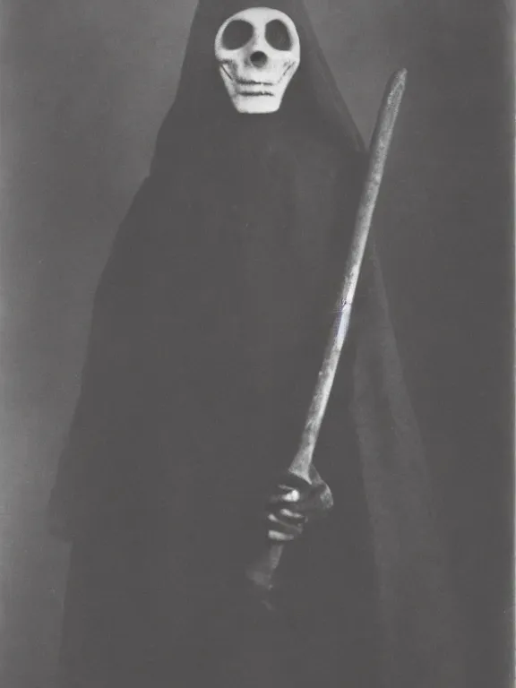 Image similar to portrait of faceless grim reaper with covered face and bright glowing eyes, ww1 photo, grainy, high detail, high resolution,