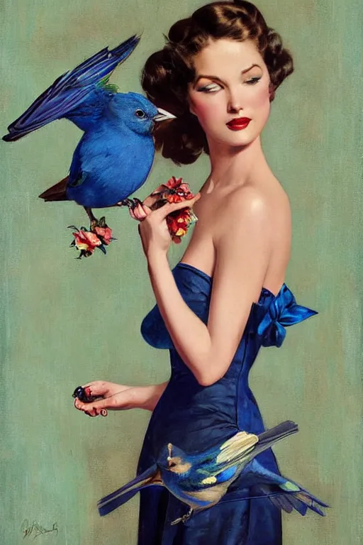 Prompt: hyper realistic painting, tasteful pinup girl holding an indigo bunting, bird, the bird is wearing a bowtie, by greg rutkowski, rossdraws, gil elvgren, enoch bolles, anime, porcelain glistening skin, very coherent