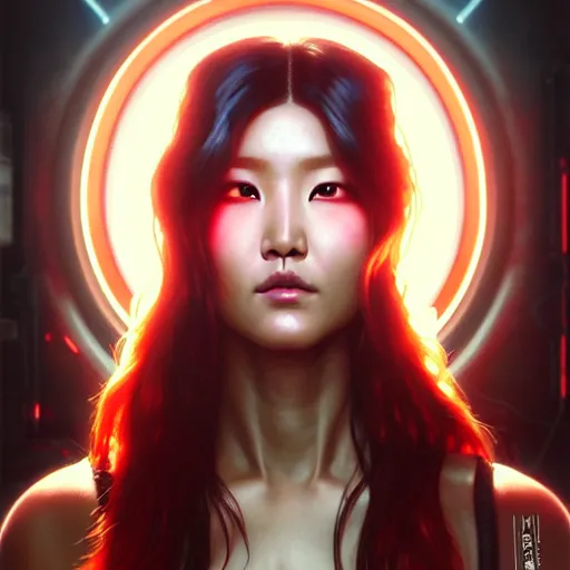 Prompt: portrait painting of hwasa as a cyberpunk technician with a halo and devil horns, ultra realistic, concept art, intricate details, eerie, highly detailed, photorealistic, octane render, 8 k, unreal engine. art by artgerm and greg rutkowski and magali villeneuve and alphonse mucha