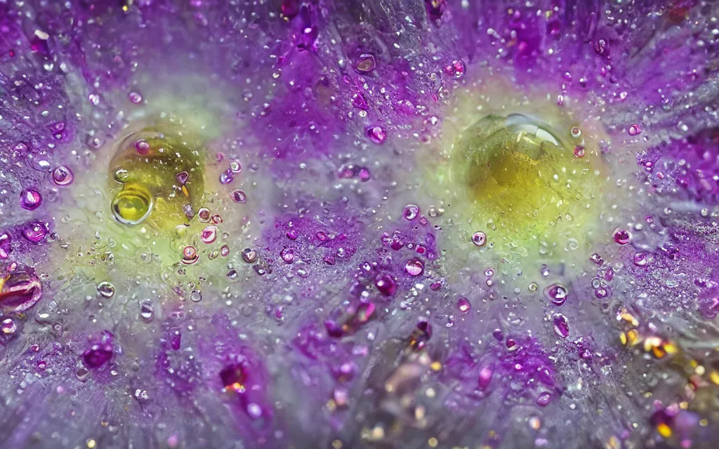 Prompt: Beauty of awesome macro photography of big Water droplet reflecting flowers, hyper detailed, warm volumetric lights , closeup Matte DOF ,made by Gerald Brom and Mike Winkelmann, Canon MP-E 65mm f/2.8 1-5 trending on art station