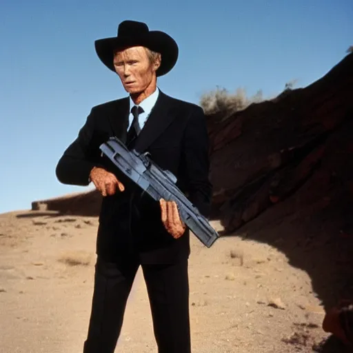 Prompt: clint eastwood in a black suit and black fedora hat. he has a desert eagle gun.