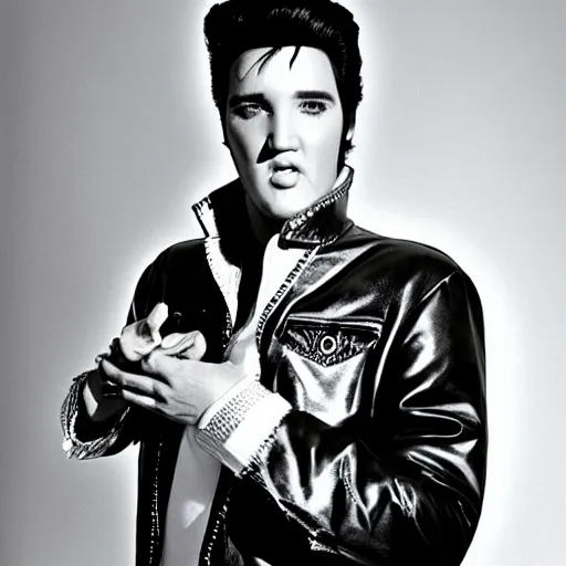 Image similar to elvis posing for a promotional still for his 1 9 8 8 comeback special part 2, 3 5 mm production still