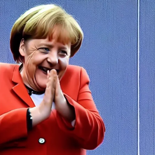 Image similar to angela merkel, laughing hysterically while doing the nazi salute, in the style of studio ghibli