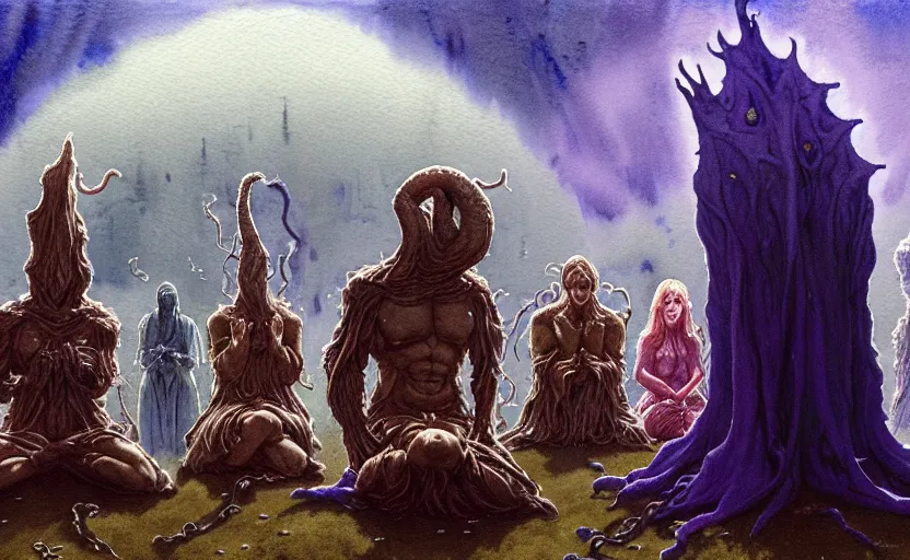 Image similar to a hyperrealist watercolour character concept art portrait of a group of druids kneeling down in prayer to a tall elegant lovecraftian alien on a misty night on the moors of ireland. a battlecruiser starship is in the background. by rebecca guay, michael kaluta, charles vess and jean moebius giraud