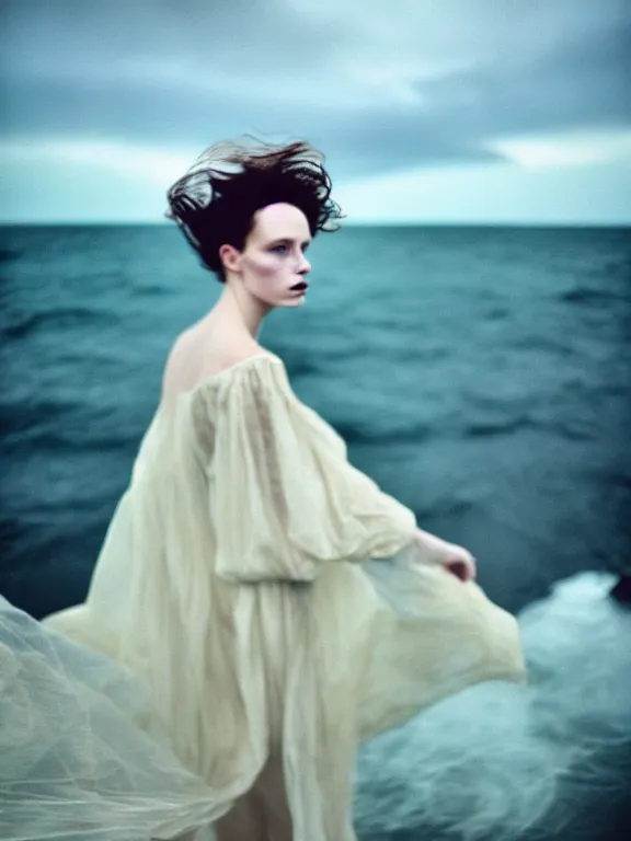 Image similar to cinestill 5 0 d photography of a woman britt marling 3 / 4 style of paolo roversi, dress in voile, hair like dark clouds floating on air, mute dramatic colours, soft blur outdoor stormy sea background, volumetric lighting, hyperdetailed, hyperrealistic