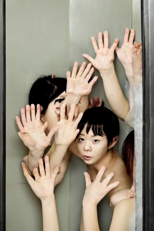 Prompt: many hands and arms coming from behind bathroom door, korean horror film