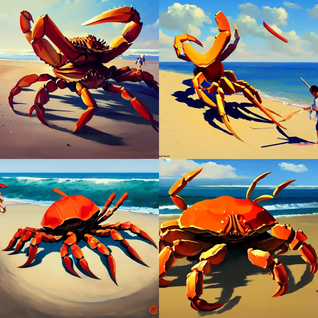 Prompt: painting of a giant crab on a beach wielding knives, Organic Painting, Matte Painting, bold shapes, hard edges, street art, trending on artstation, by Greg Manchess and Huang Guangjian and Loish and Gil Elvgren and Sachin Teng