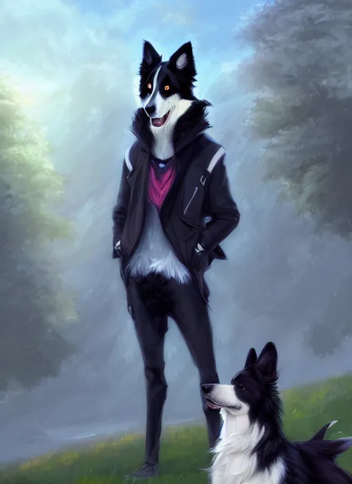 Prompt: full body digital painting of a cute male anthropomorphic border collie fursona wearing a jacket in front of a park, by charlie bowater, henry asencio, and ross tran, furaffinity, scenic background, intricate, elegant, beautiful, fantasy, highly detailed, trending on artstation