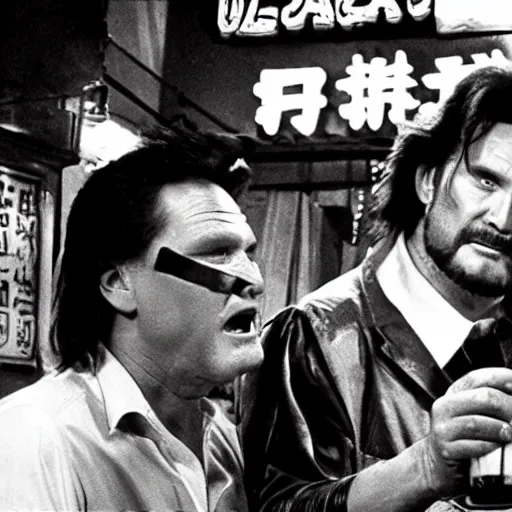Image similar to deleted scene from Big trouble in little China, Jack Burton drinking beer, Chinatown bar, amazing shot, 1987