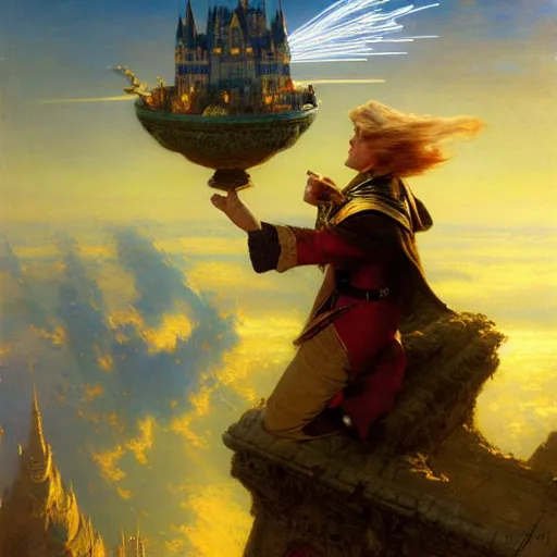 Image similar to stunning male master wizard magically levitating a huge castle in the air, highly detailed painting by gaston bussiere, craig mullins, j. c. leyendecker, 8 k