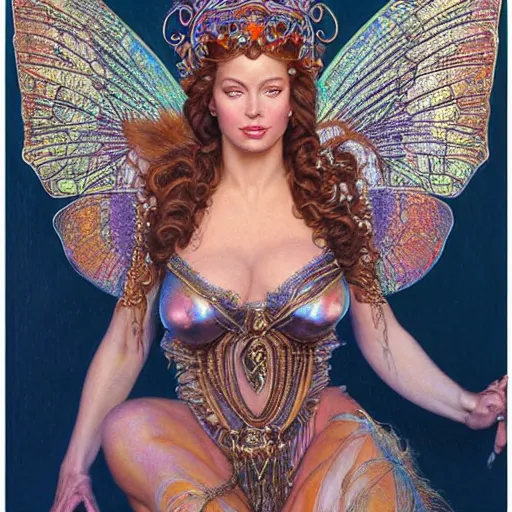 Prompt: masterpiece neoclassicist closeup renaissance portrait of sofia vergara an art deco fairy queen, glowing eyes. reflective detailed textures, iridescent moth wings, highly detailed fantasy science fiction painting by moebius and norman rockwell and donato giancola and jean delville, elaborate geometric ornament, ancient runes, silver and cool colors. artstation